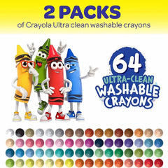 Crayola 2 Packs of 64ct Ultra Clean Washable Crayons Bulk 128ct, Art Classroom Must Haves, Kids School Supplies, Teacher Gift, Ages 3+